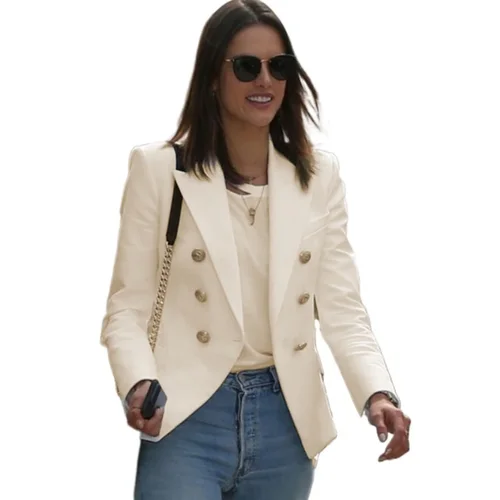 Imagen 2 del producto Blazer blanco para mujer 2025, chaqueta Blazers elegante ajustada de alta calidad, chaqueta ajustada con botones de León de Metal para mujer, chaqueta cruzada para mujer