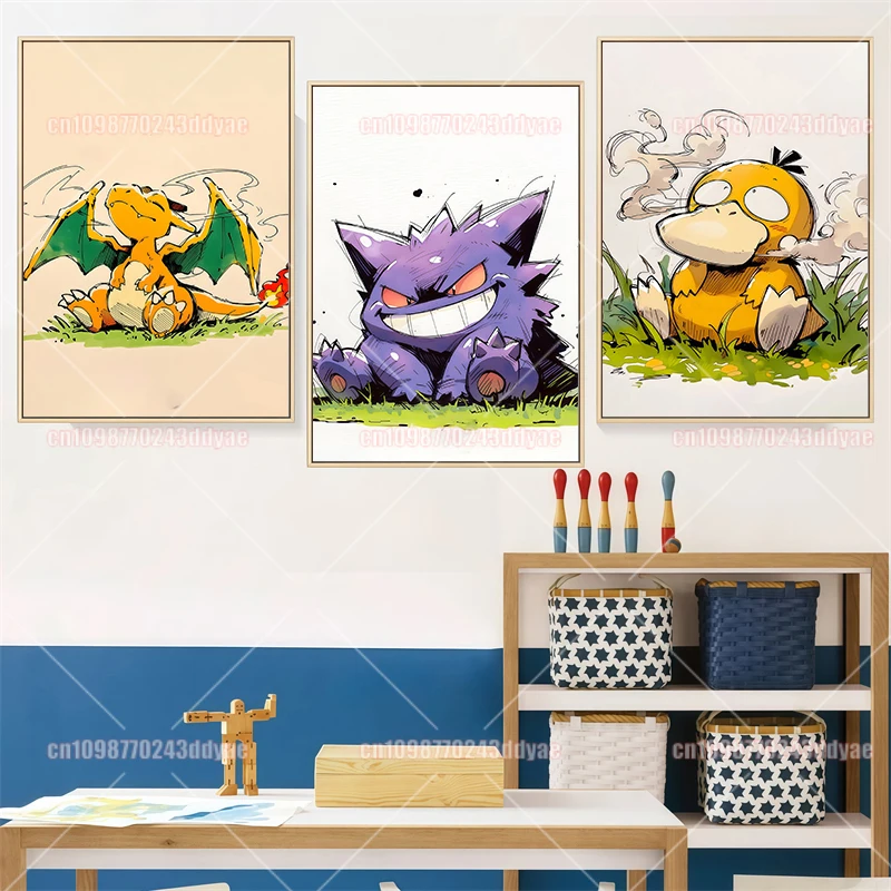 pintura-em-tela-anime-pokemon-pikachu-gengar-duck-duck-charmander-arte-de-parede-anime-decoracao-para-sala-de-estar-poster-presente