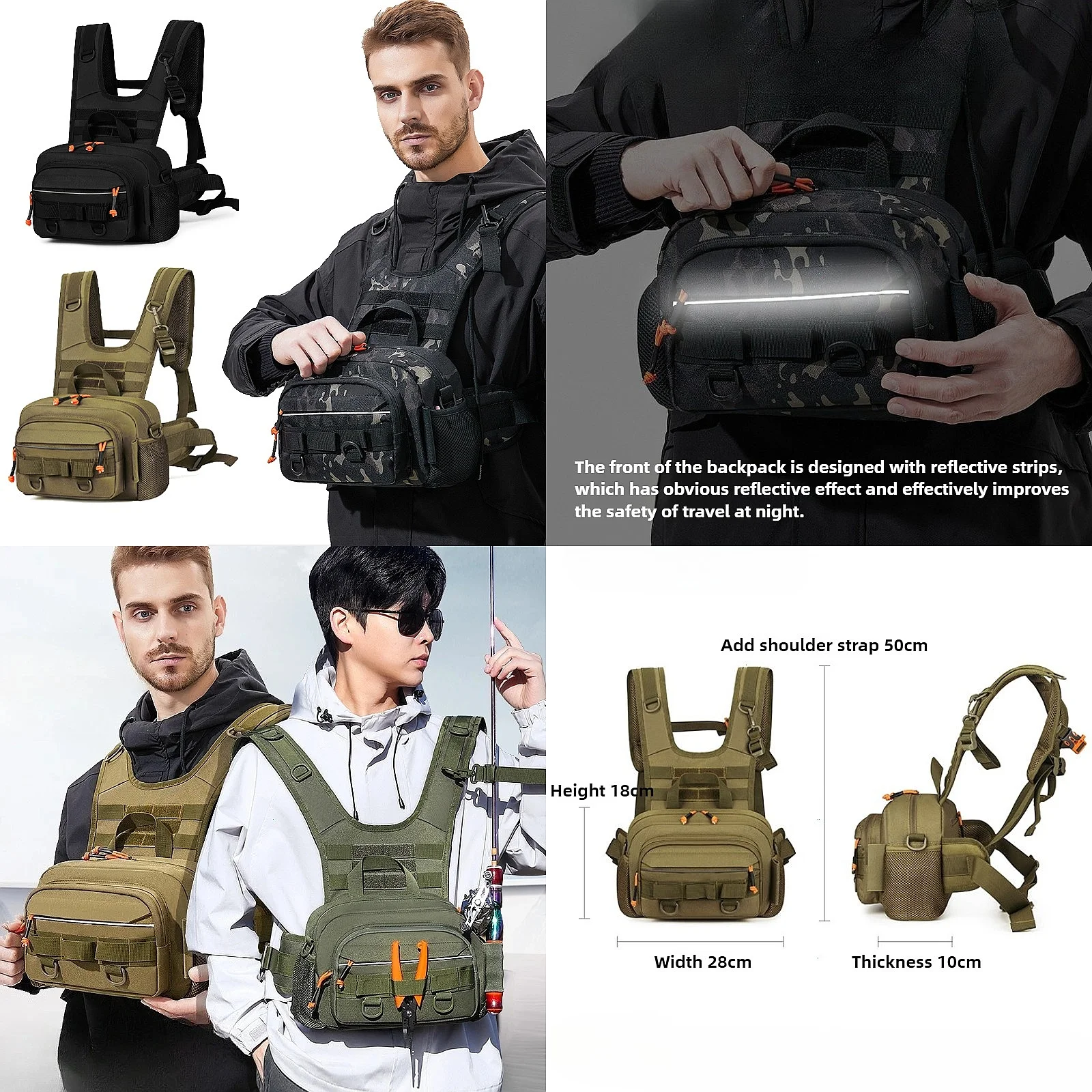 Tactical Fishing Backpack with Rod Holders Lure Chest Bag Molle Gear Storage Bag Outdoor Hiking Fanny Pack Hunting Rig Pouch Men
