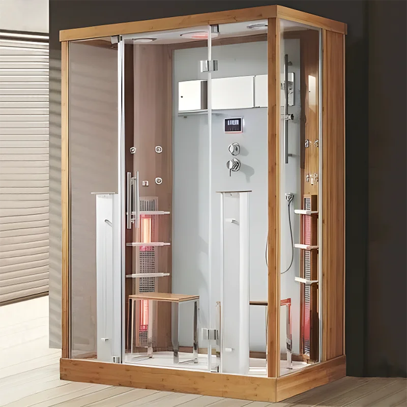 High Quality Modern Double Sauna Shower Room Deluxe Hemlock Solid Wood Far Infrared Function for Villas-Wholesale Price