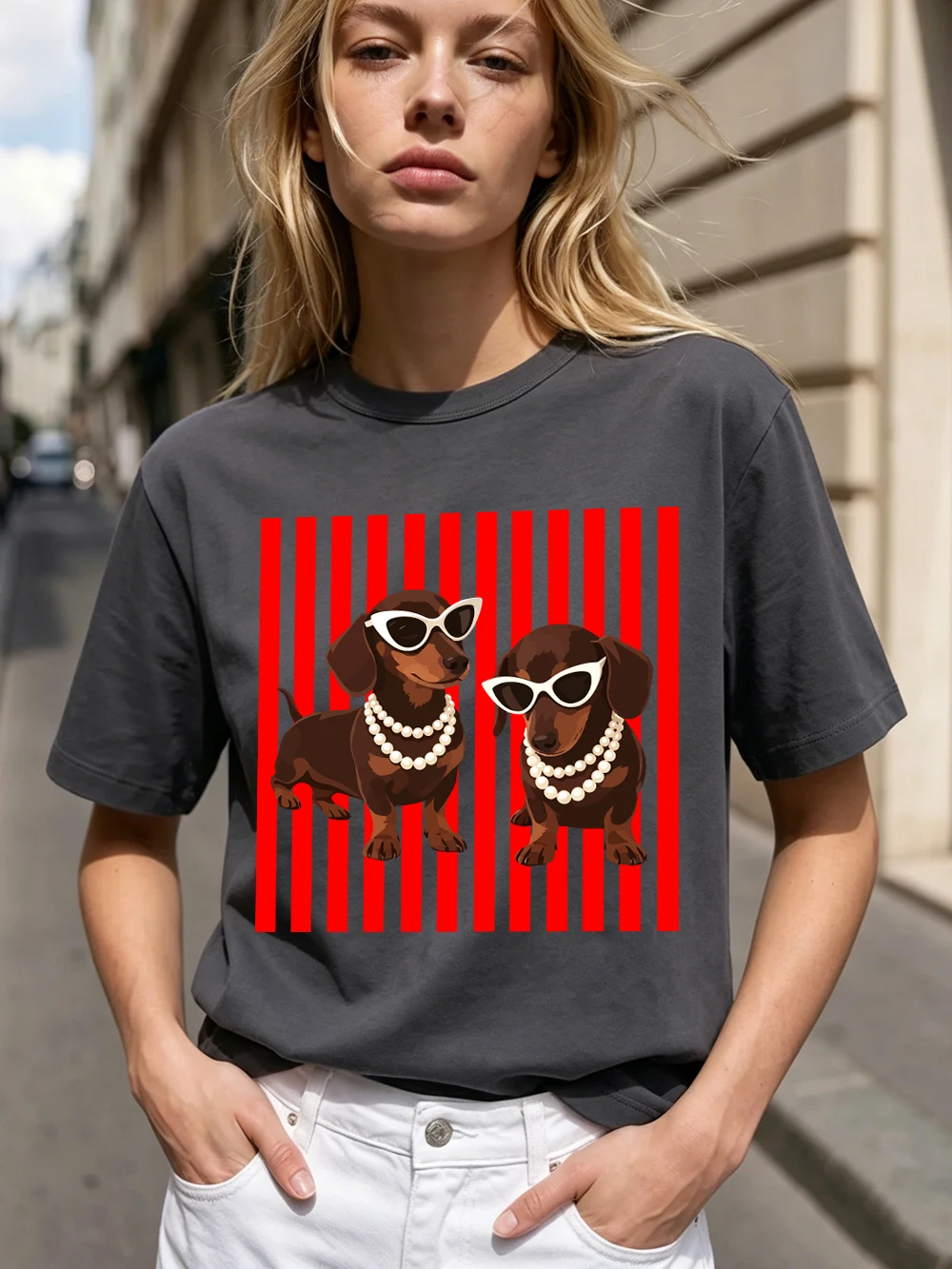 Pearl Dachshund Hundemotiv T-Shirts Baumwolle Damen Sommer Kurzarm T-Shirt Lässige Weiche Oversized Tops Basic O-Ausschnitt Kleidung – Detail 31
