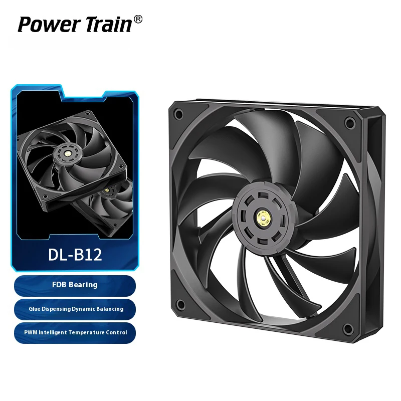 Power Train DL-B12 120mm PWM high-performance fan compatible with air and water cooling, delivering 73.6 CFM at 400 - 1800 RPM