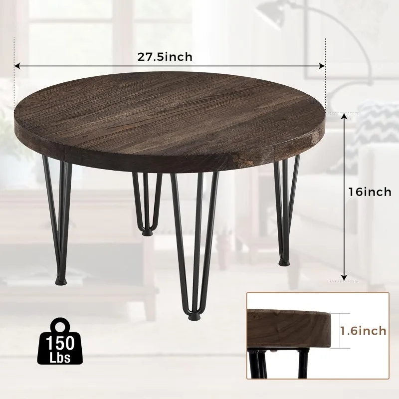 Rustic Wood Round Coffee Table with Metal Legs, Solid Elm Wood Top and Non-Slip Feet Pads