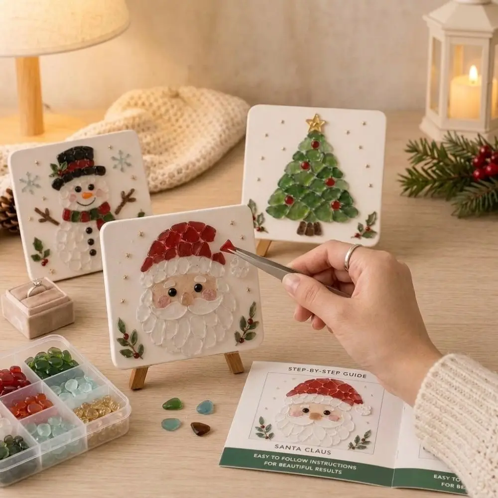 Colorful Glass Pieces Christmas Sea Glass Art Kit Wooden Easel Educational Craft Sea Glass Collage Art Supply Family Interactive