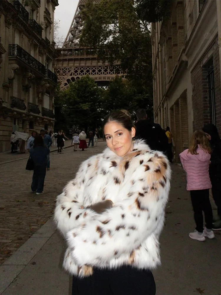 เสือดาวพิมพ์แขนยาวFurry Faux Fur Coatแฟชั่นหนาเสื้อแจ็คเก็ตสตรี2024ใหม่หญิงสํานักงานStreetwears