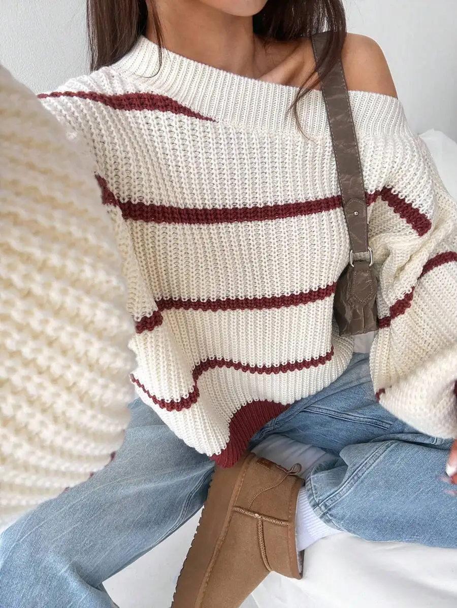 

Sexy Off-Shoulder Loose Black & White Striped Sweater For Women