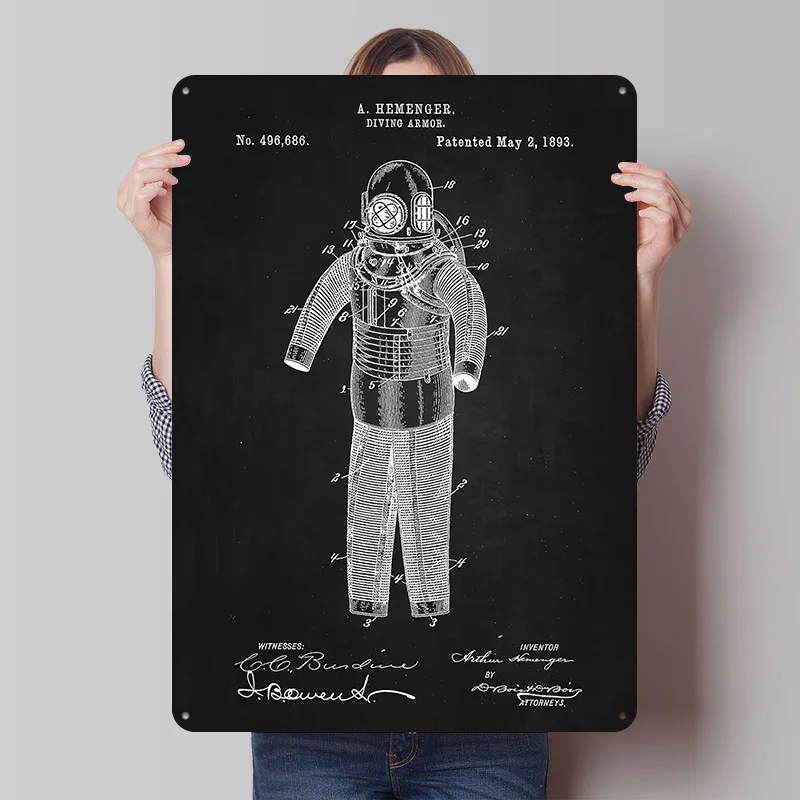 1893 Diving Armor Art Printed Poster Customized Retro Wall Art Vintage Metal Tin Signs for Home Room Decorations Man Cave Decor