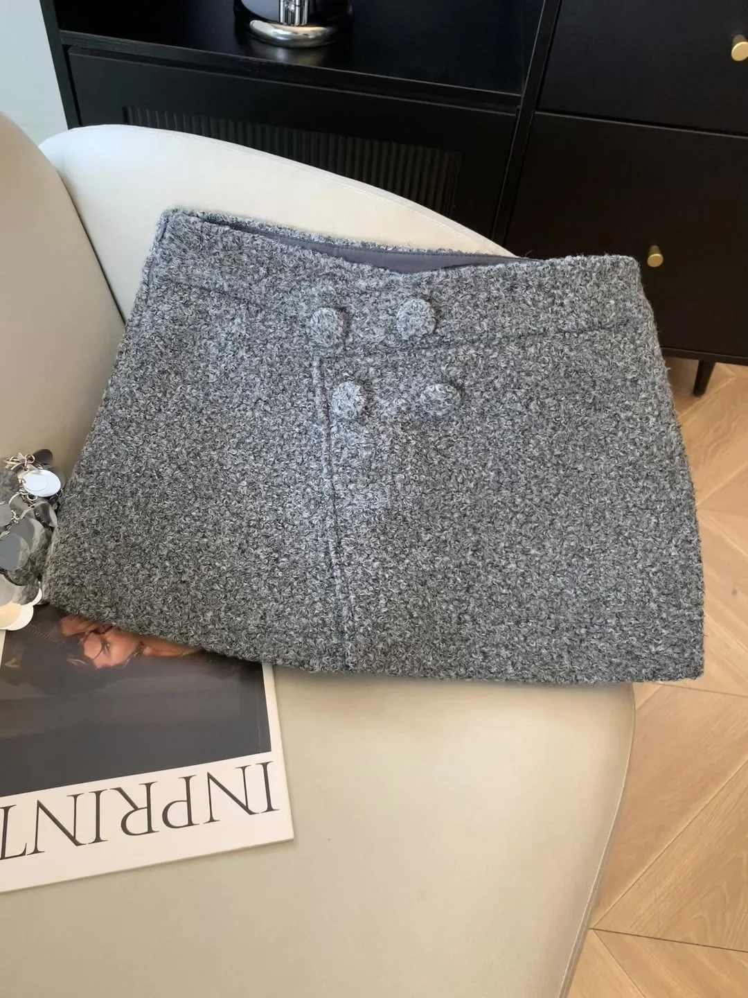 Women's Grey A-line Mini Skirt Vintage Low Rise Wrap Skirt Harajuku Korean Style Y2k Woolen Skirts 2000s Clothes Spring Summer