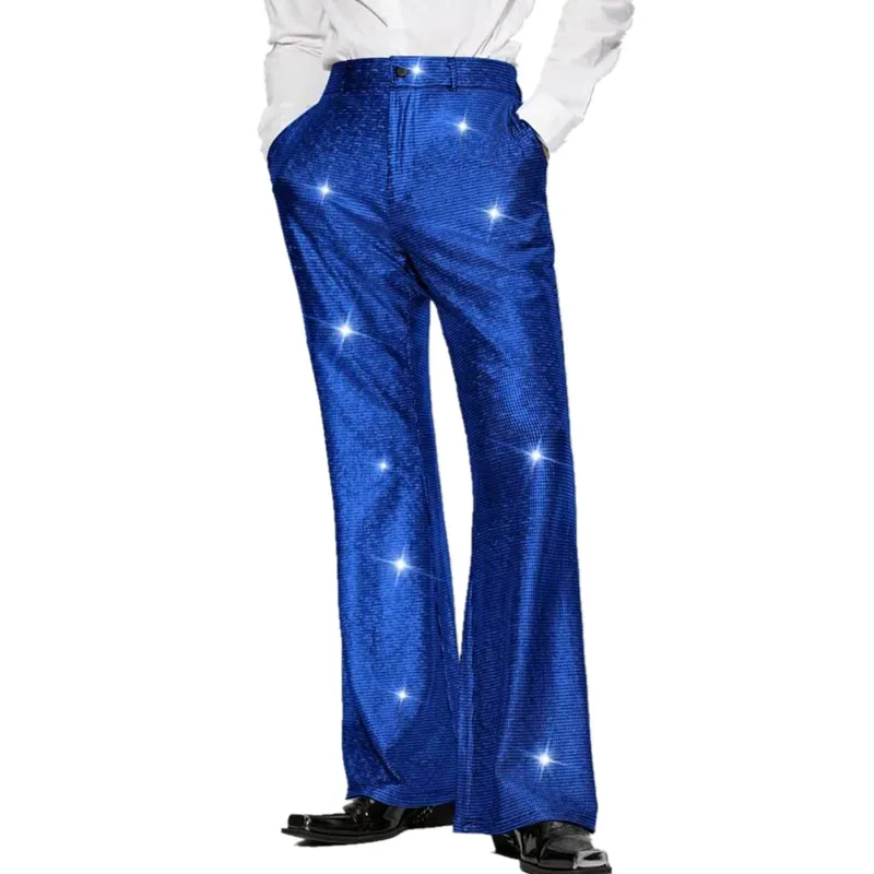 กางเกงสูทผู้ชายสีเงิน กางเกงขายาวสำหรับการแสดงบนเวทีสีน้ำเงิน มีสีทอง เงิน ดำให้เลือก ไซส์ S-XXL
