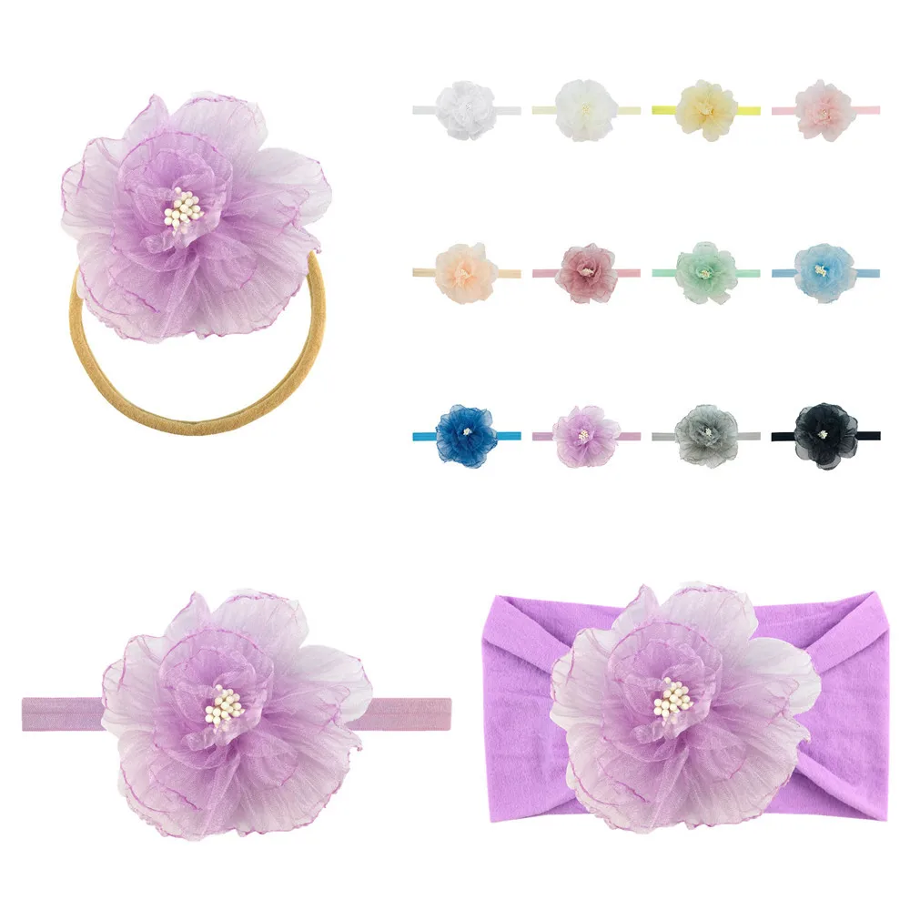 

Нейлоновая повязка на голову из органзы с запеченными краями и вьющимися цветами, детский аксессуар для волос, головной убор с цветком, липкая резинка