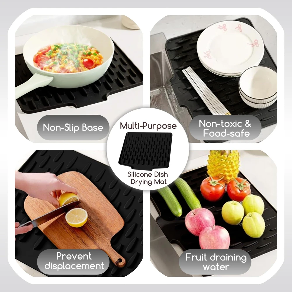 Kitchen Silicone Drain Mat with Built-in Drainage Design, Easy to Clean, Suitable for Countertops, Sinks, Refrigerators