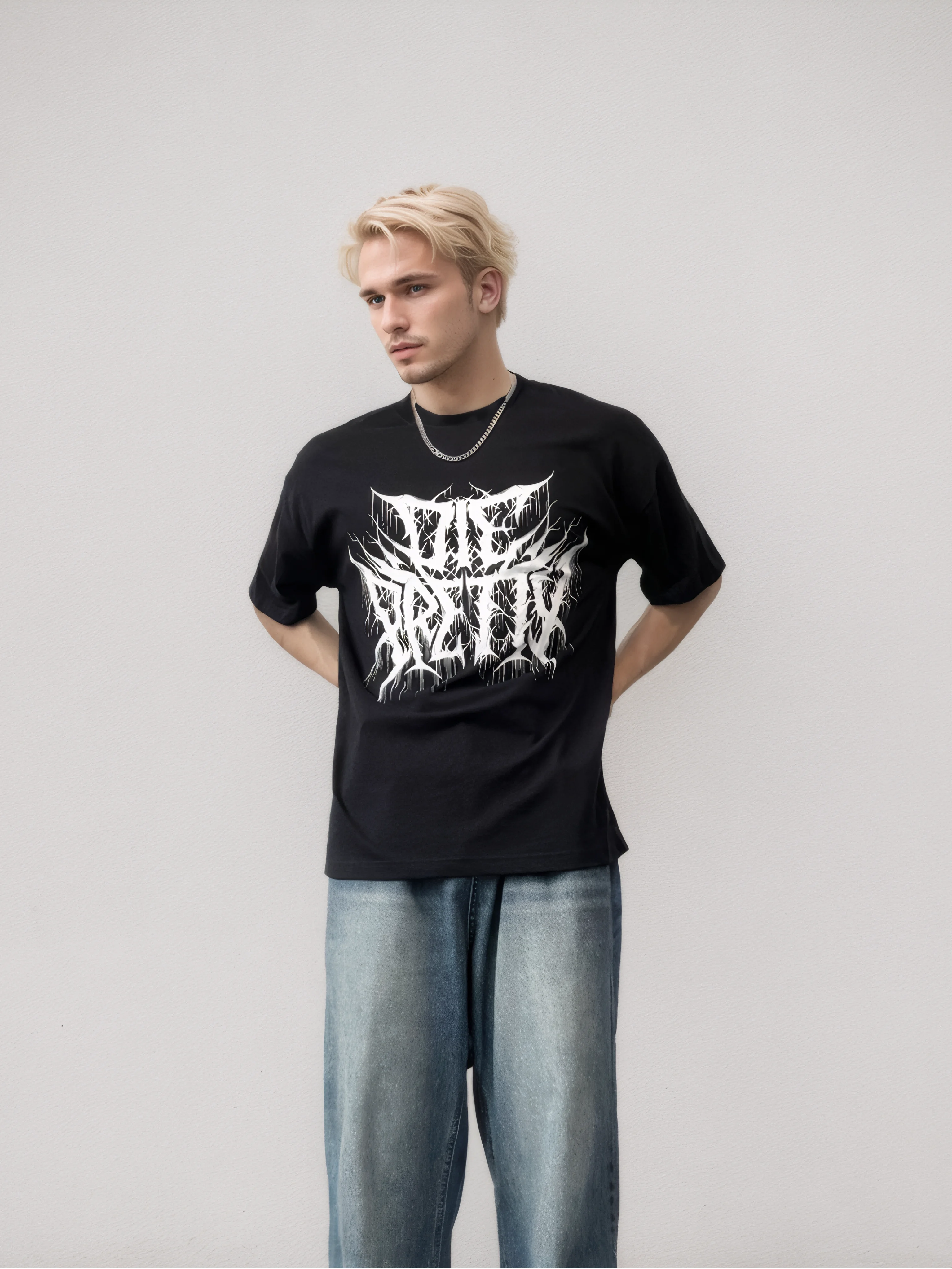 High Quality Drop Shoulder Baggy T-shirt Oversized Black T-shirt Screen Printing Pattern Round Neck Tops Tee T-shirt For Men