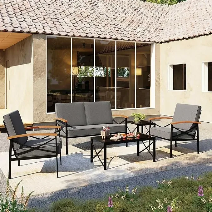 Outdoor Patio Furniture Set,Metal Sofa Chair Conversation Set,Including Loveseat and Coffee Table for Backyard Balcony Poolside