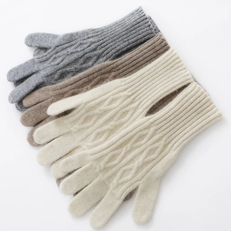 

DjzDsm Women Cashmere Gloves Cable Knit Touchscreen Finger Hole Winter Autumn Warm Wrist Length Classic Gloves Female Mitten