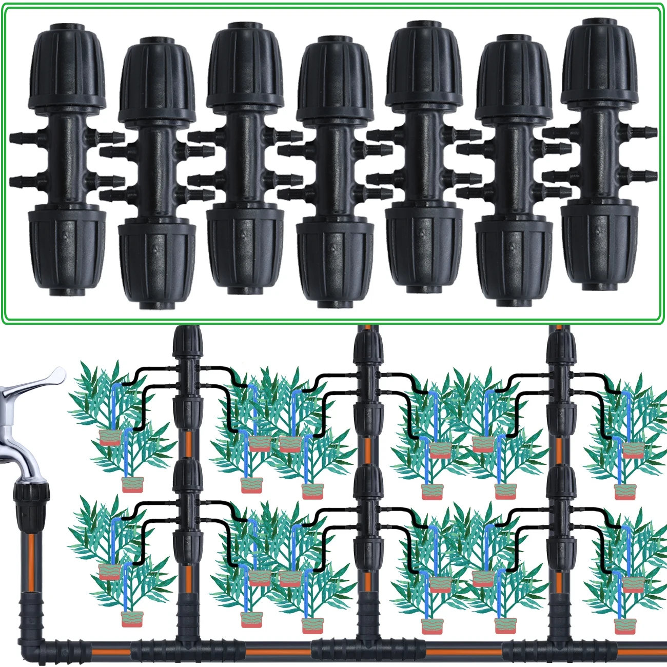 

10-50pc Quick Connector 16mm PE Pipe to 3/5mm Tubing Micro Drip Irrigation Garden Water Adapter 6-Way to 1/8 Hose Coupling Joint