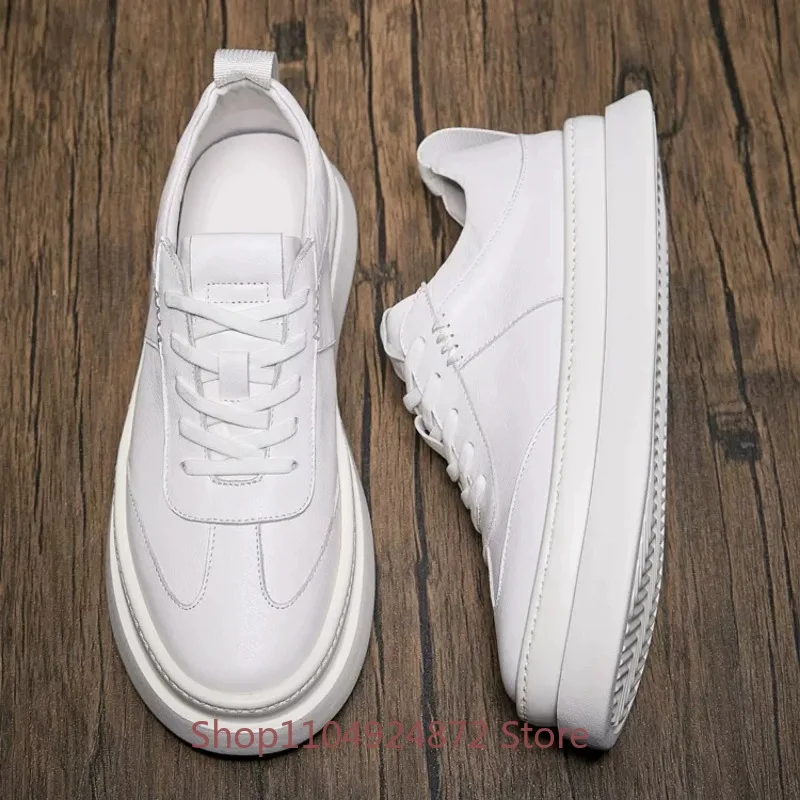 Men Genuine Leather Platform Sneakers White Thick Sole Lace‑up Casual Shoes Male Lightweight Comfort Daily Walking Skate Shoes