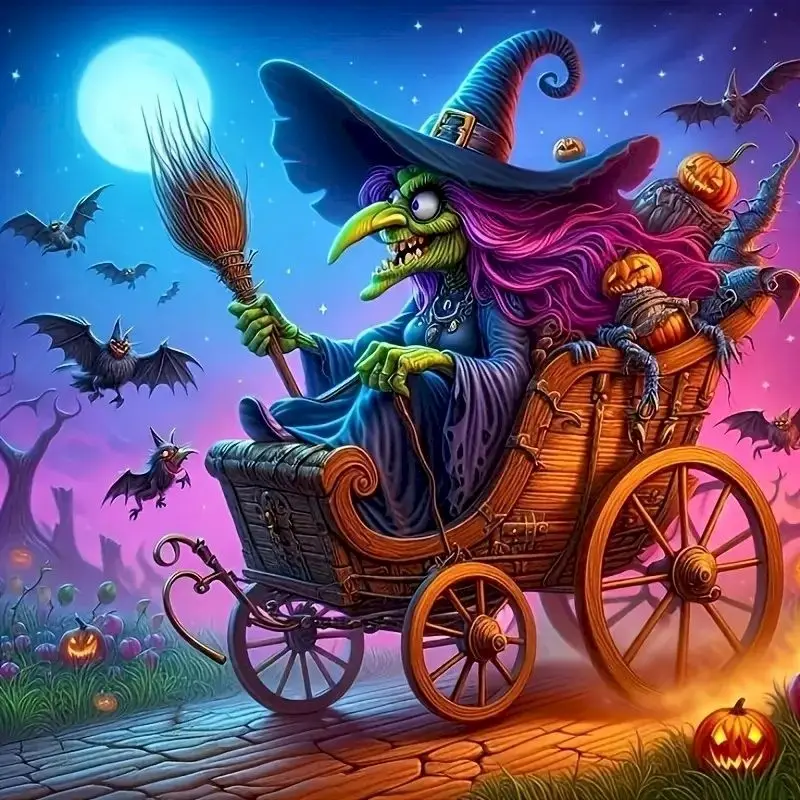 

GATYZTORY 5D DIY Diamond Painting Kit Witch on Broom Cart Cross Stitch Full Round Acrylic Diamond Art Mosaic for Halloweenl Gift