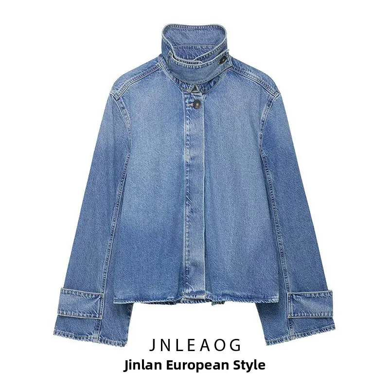 

Spring New Arrival Women's Fashion High Collar Denim Jacket JNLEAOG Standard Fit Long Sleeve Polyester Casual Coat