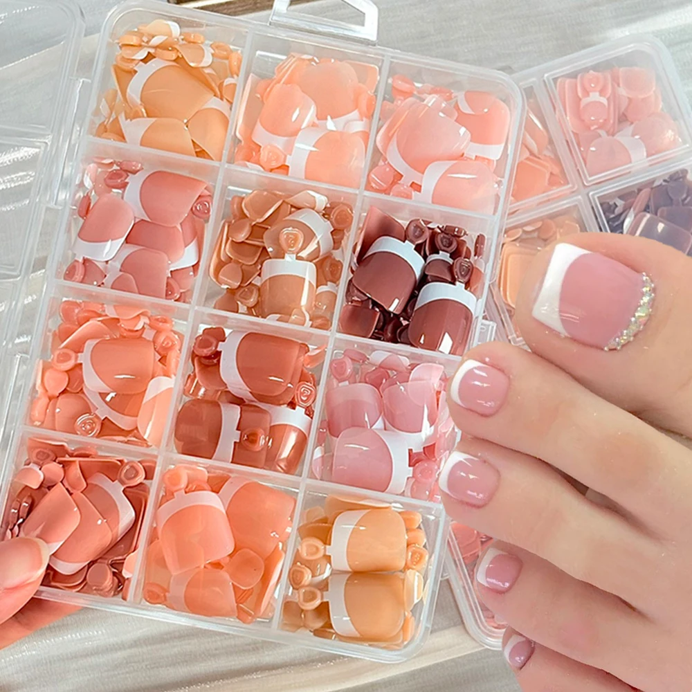 

288/120 шт. короткие квадратные белые накладные ногти для ног в стиле французского маникюра, смешанные нюдовые цвета, акриловые, полное покрытие, накладные ногти для ног, готовые к использованию