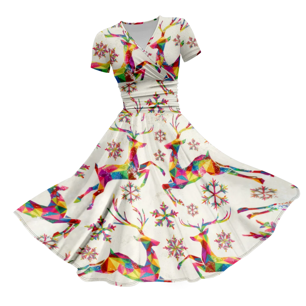 Summer Ladies Colorful Deer Pattern Elegant Full Print Casual Skirts Short Sleeve V Neck Dresses