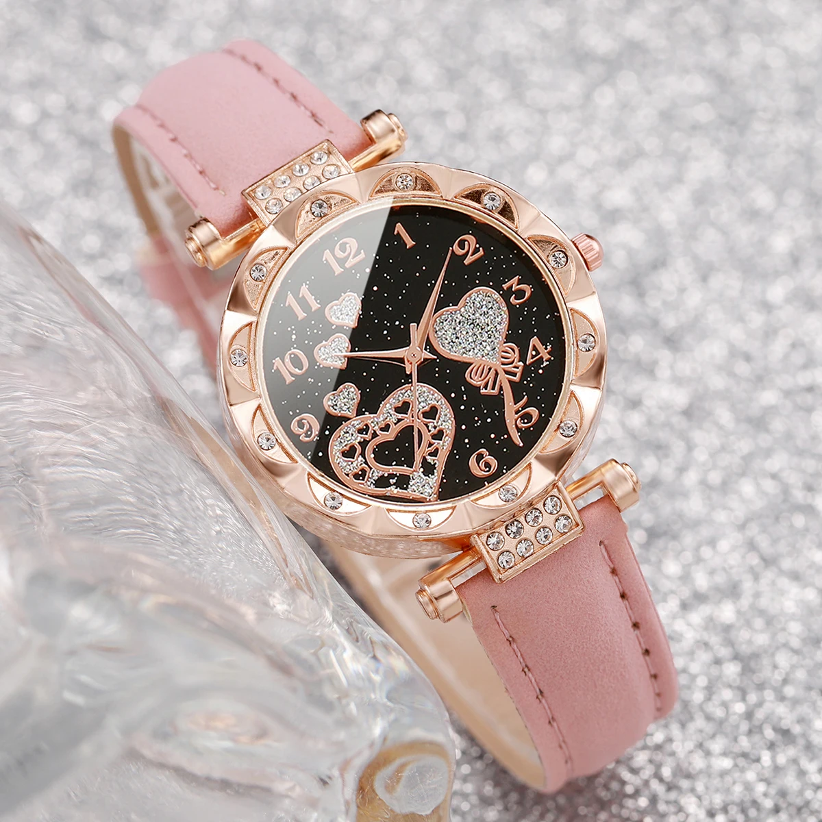 4 unids/set Ins estilo mujer moda amor reloj correa de cuero reloj de cuarzo con pulsera