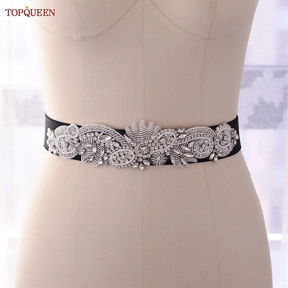 Topqueen S280-B Zilver Crystal Stretch Riem Jurk Hand Kralen Elastische Riem Zwart Sieraden Avondjurk Riem