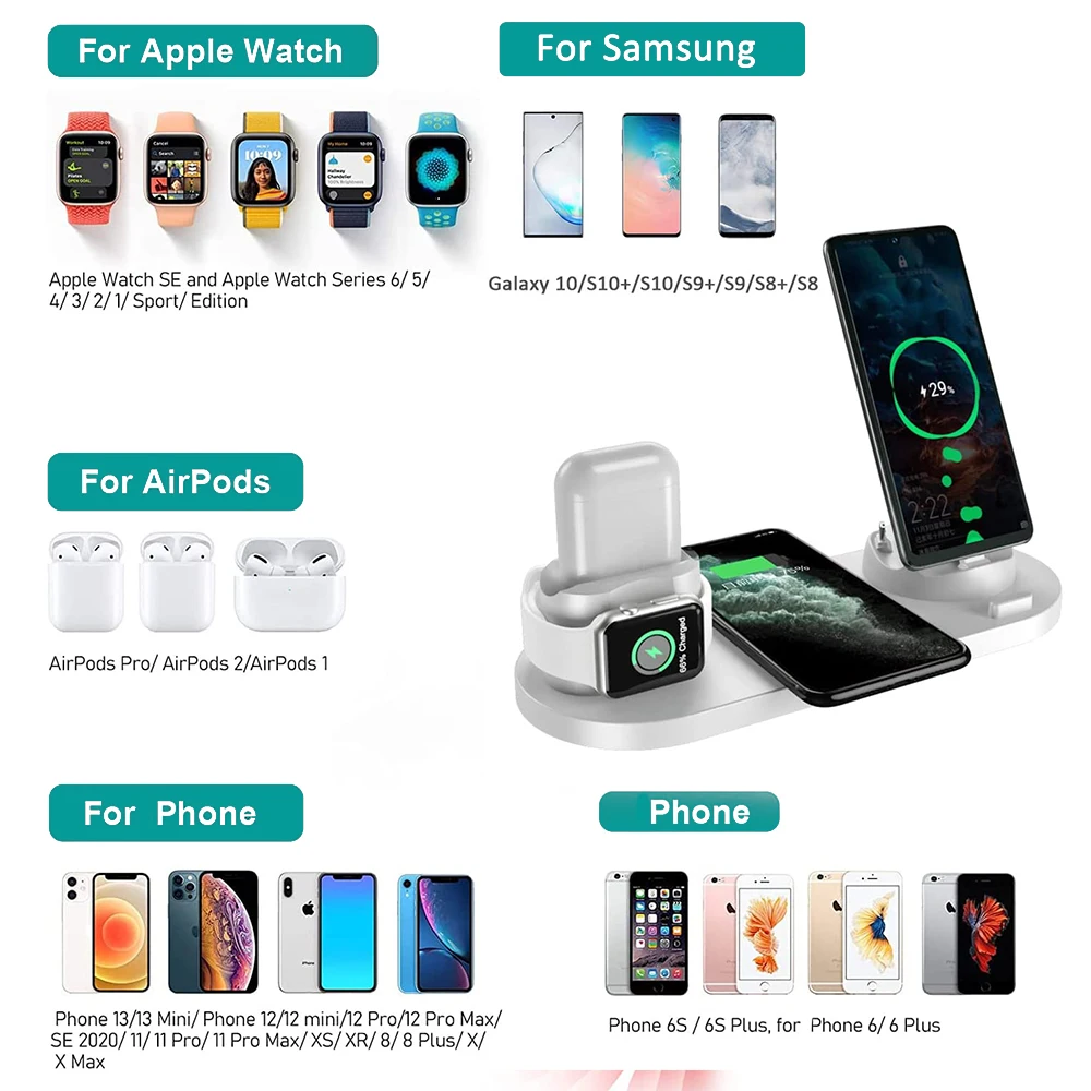 Estación de carga inalámbrica 6 en 1, soporte de carga rápida Qi de 15W para iPhone 14, 13, 12, 11, Apple Watch 8, 7, 6, 5, Airpods 2, Samsung, novedad de 2022