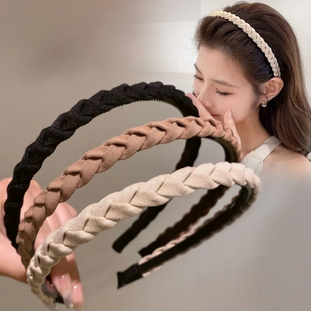 Geflochtenes Stoff-Stirnband, Einfarbiges Dünnes Haarband, Doppelter Böhmischer Rutschfester Haarreif, Haar-Accessoires für Mädchen – Detail 5
