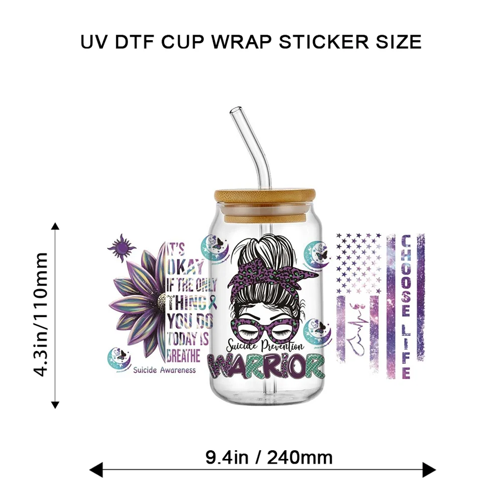 Warrior Awareness Ribbon Purple Butterfly Moon UV DTF Cup Wrap 16oz Libbey Glass Can Self Adhesive Transfer Sticker Waterproof