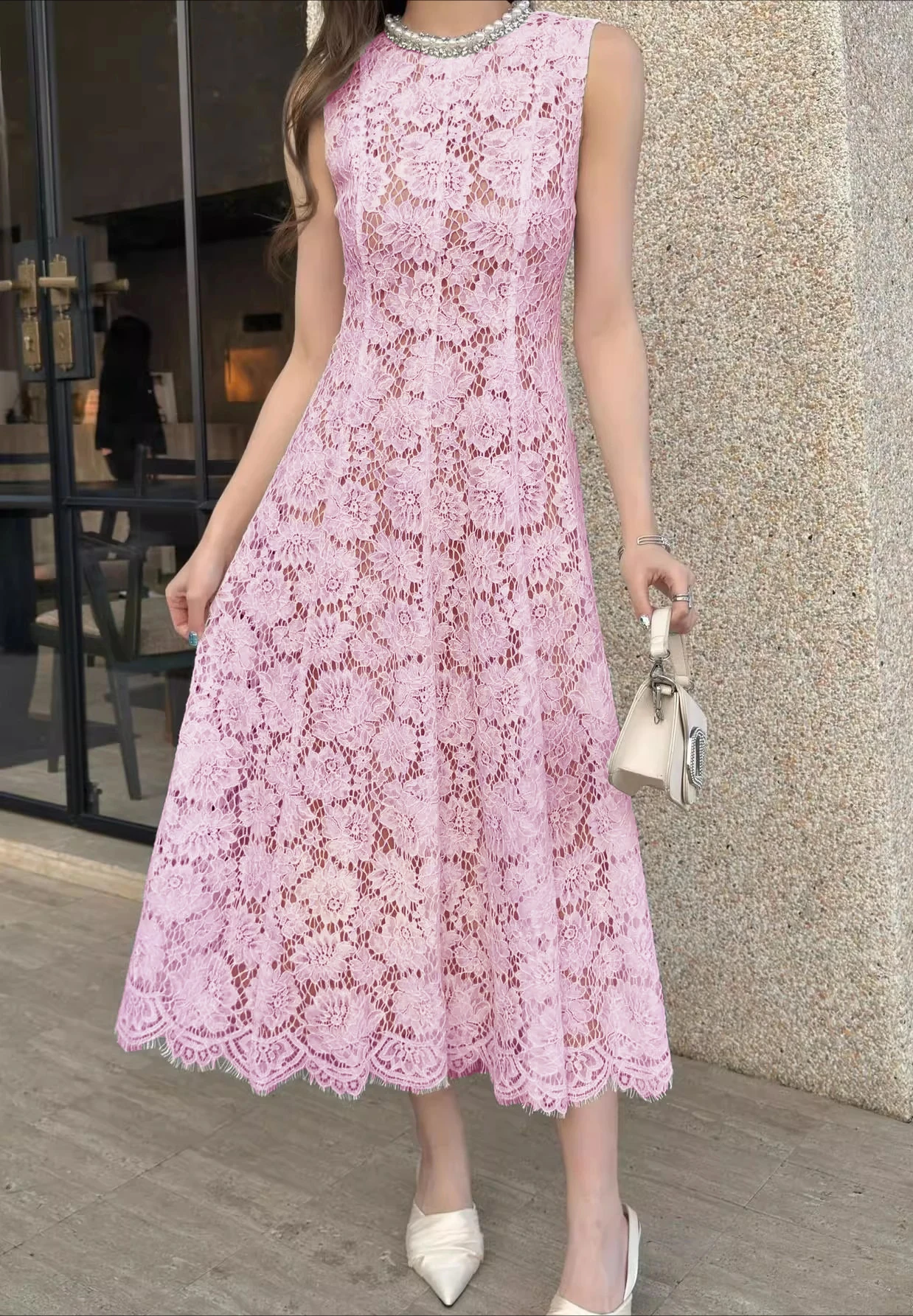 

Розовое кружевное платье, женское платье без рукавов с бисером и высокой талией, женская уличная одежда, дизайн для подиума, Vestidos, облегающее винтажное платье