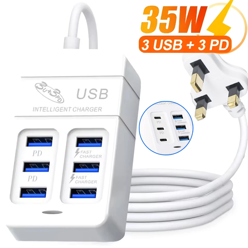 6Ports Multiport USB Charger for Xiaomi 15 Type C Mobile Phone Fast Charging Travel Wall Adapter Portable Chargers EU US UK Plug