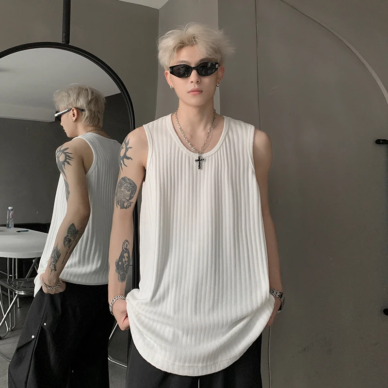 FEWQ Stripe Solid Color Vest Sleeveless T-shirt 2024 Round Neck Solid Color Korea Fashion Male Tops Casual 24E1605