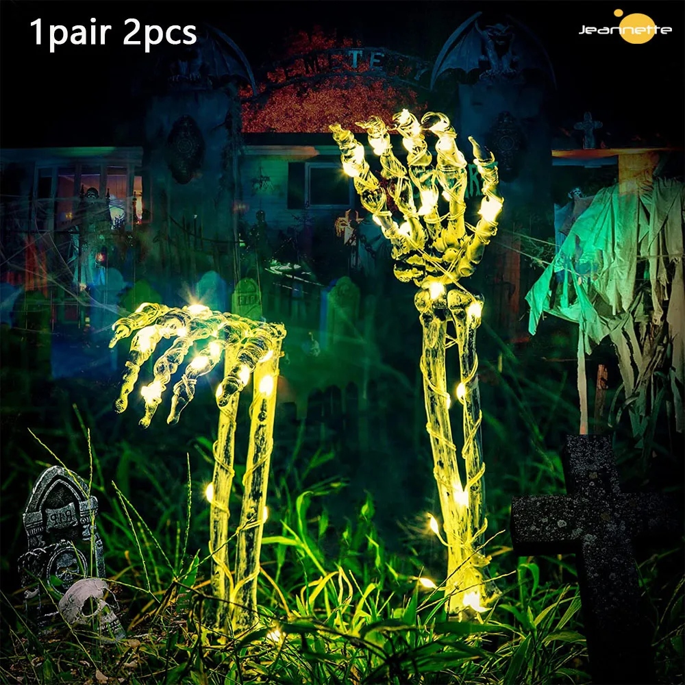 

2pcs Skeleton Hand Solar Light Outdoor Lighted Skeleton Arm Stakes Glowing Skull Hands Halloween Props Decor Garden Lawn Lamp