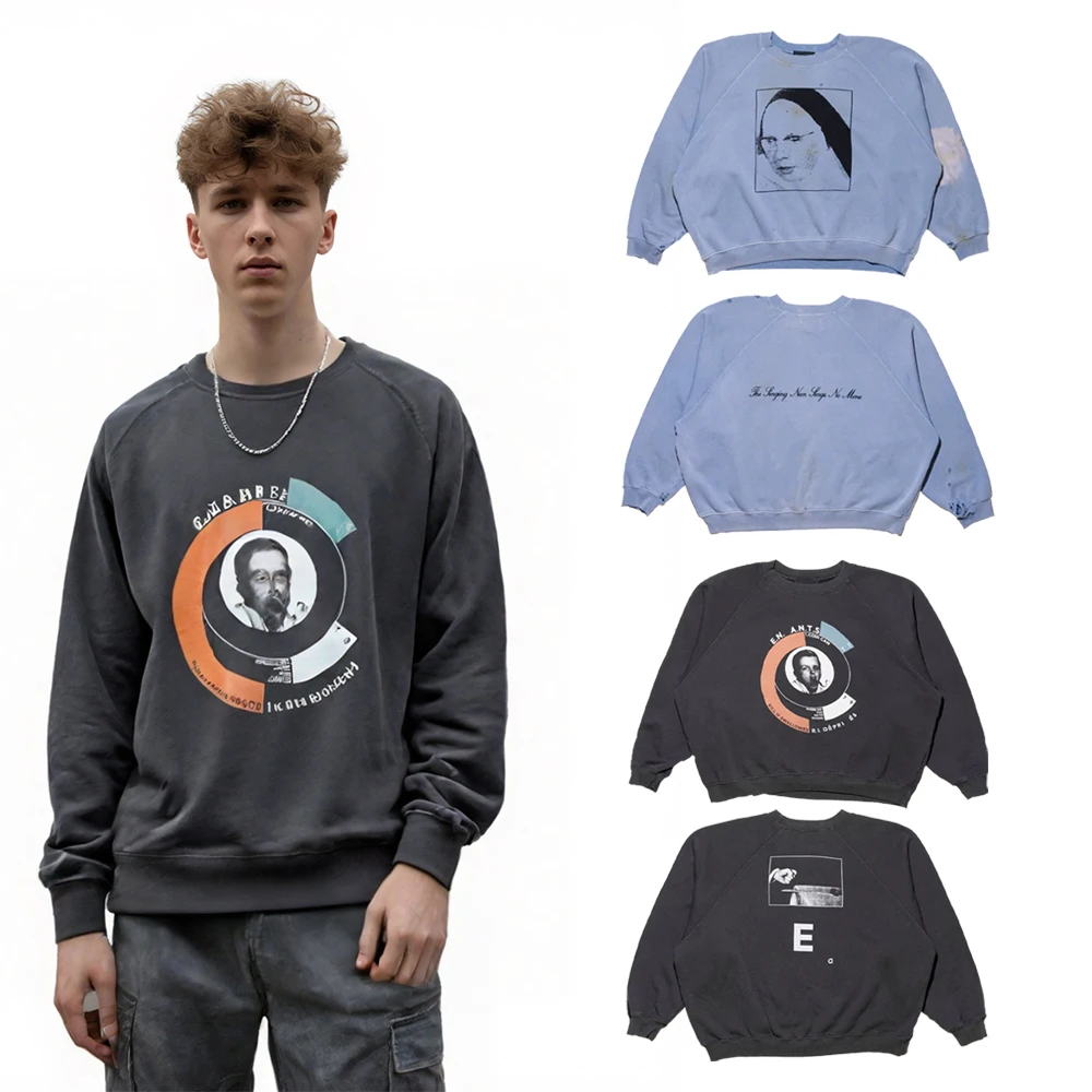 

Y2K Street Style Clothing Hand Printed Graphic Sweatshirt Retro Distressed Heavy Cotton Casual Long Sleeve Sweatshirts for Man's