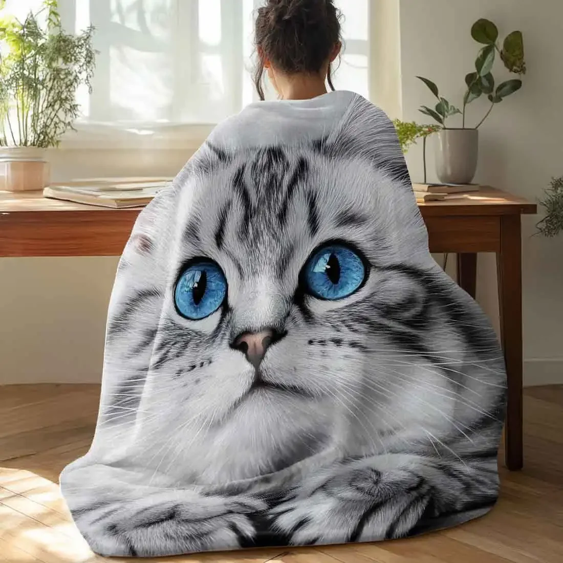 Adorable Silver Tabby Cat Throw Blankets Warm Soft Plush Knee Blanket For Winter Office Bedroom Sofa Travel Gifts Home Decor