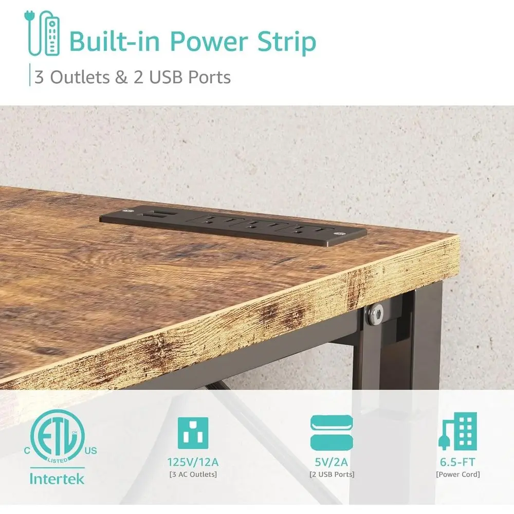 Brown 55 Study & Home Office Desk with Built-In Power Outlets for Computer Workstations