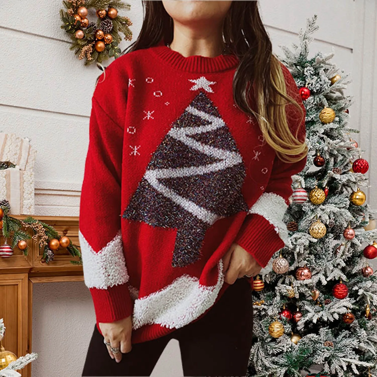 Loose Women's Round Neck Knit Pullover Christmas Print  Sweater Vintage Casual  Lazy Style Tops Comfortable Warm  Sweatshirts