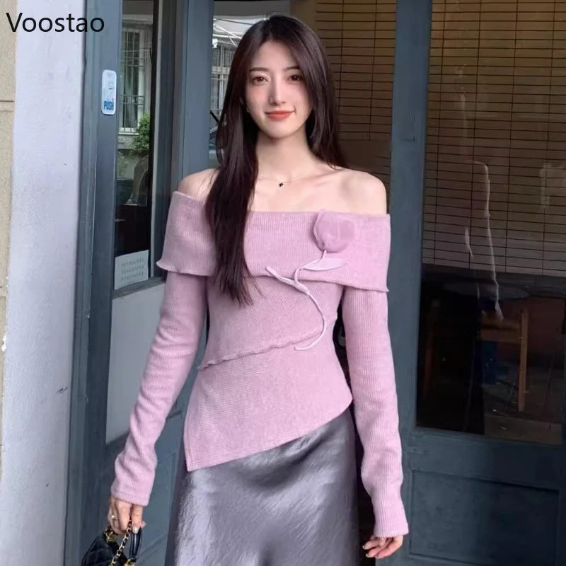 Herfst Zoete Gebreide Trui Vrouwen Sexy Chic Off Schouder Tulp Bloemen Truien Vrouwelijke Koreaanse Casual Lange Mouw Truien Tops