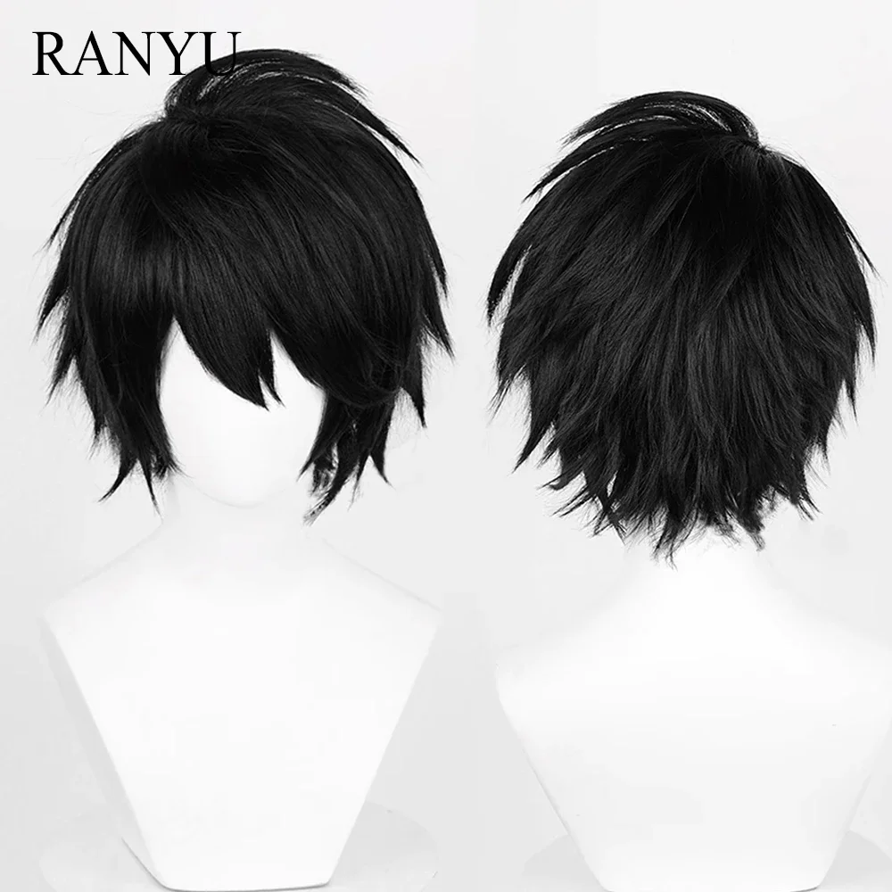 

RANYU Black Synthetic Short Straight Wig Men and Women Anime Cosplay Hair Heat Resistant Wig For Party