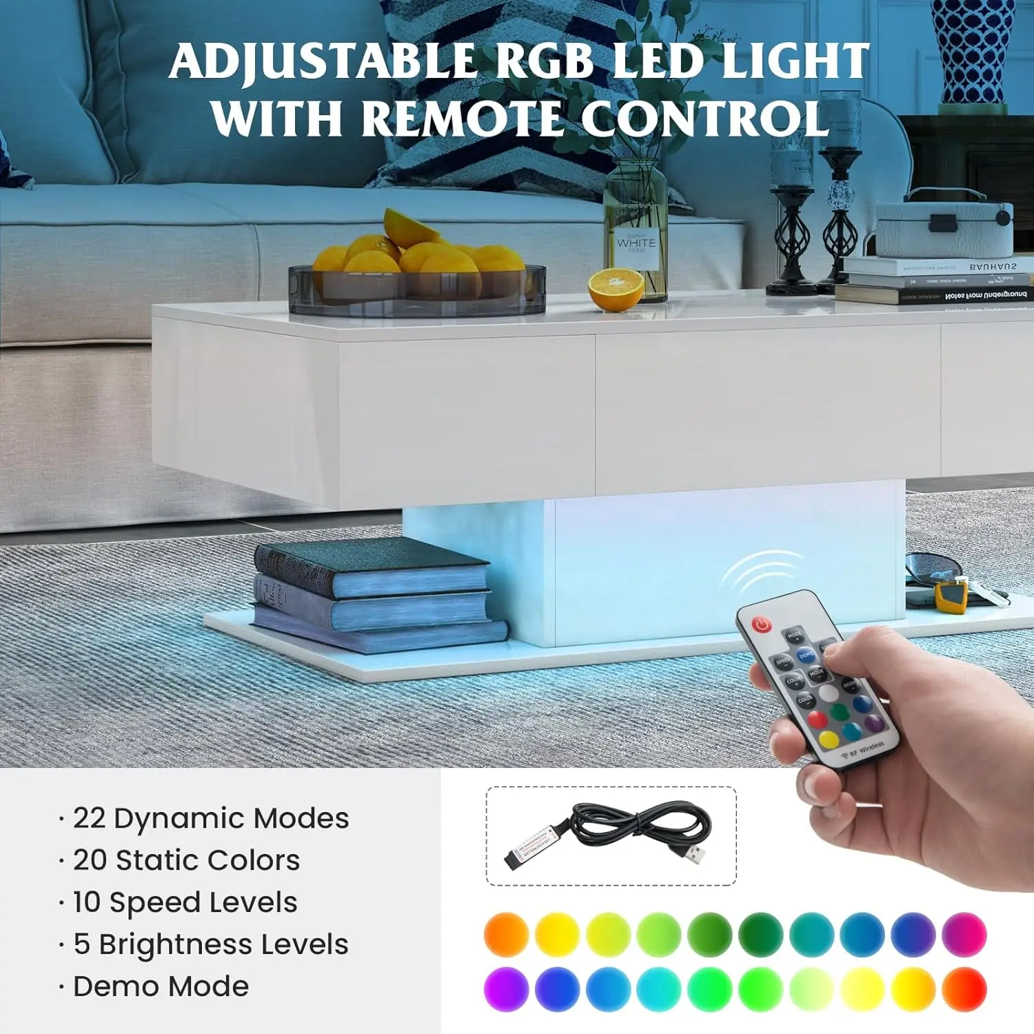 طاولة قهوة LED مع درجين، طاولة مركزية حديثة لامعة للغاية، مصابيح LED قابلة للتعتيم بـ 20 لونًا وجهاز تحكم عن بعد