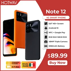 HOTWAV Note 12 Smartphone 6.8'' HD+ Android 13 8GB+128GB Octa-Core Mobile Phone 48MP NFC 6180mAh PD3.0 20W Charging Cellphone