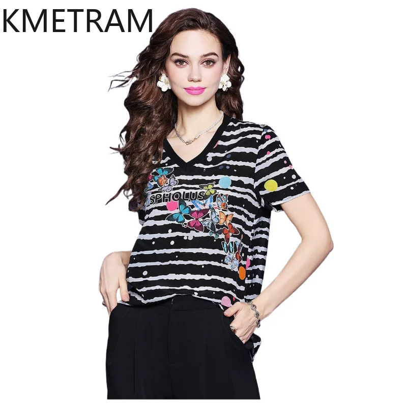 KMETRAM 100% Mulberry Silk Women T Shirts 2026 Summer Unique Fashion Striped Printed Short Sleeved Tops Woman Clothes Ropa Mujer