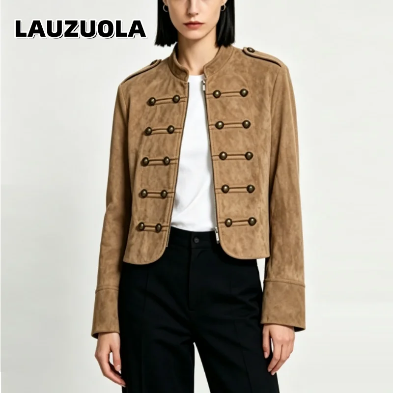 Women’s Camel Suede Short Cropped Jacket Retro Fitted Coat with Metal Buttons Casual Office Streetwear Outerwear