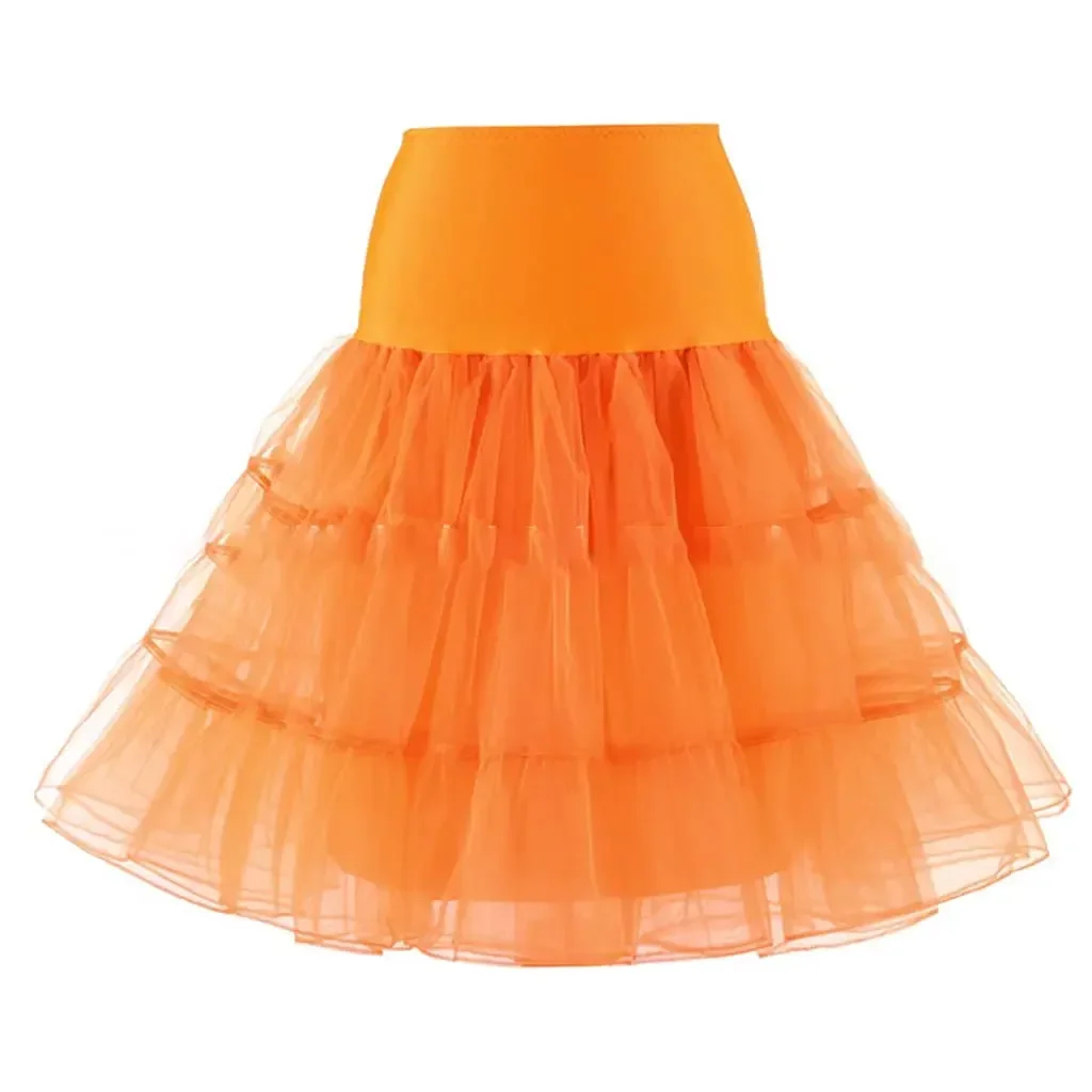 Women 50s Vintage Tulle Petticoat Bright Solid Color Mesh Hoopless Half Slip Underskirt Knee Length Crinoline Tutu Skirt Orange