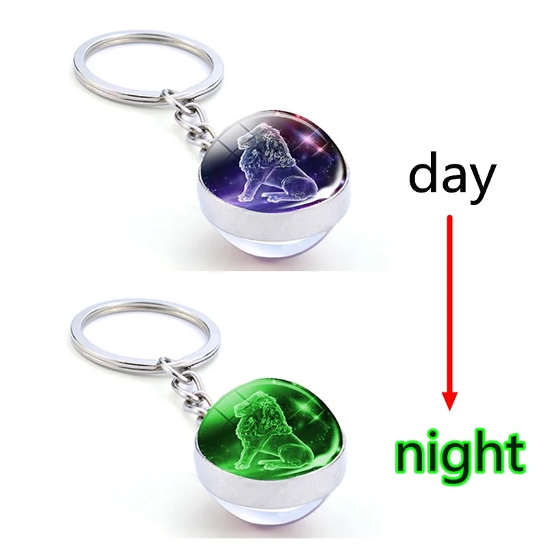 12 Constellation Luminous Keychain Double Sided Glass Ball Pendant Zodiac Key chain Glow In The Dark Key Holder Birthday Gift