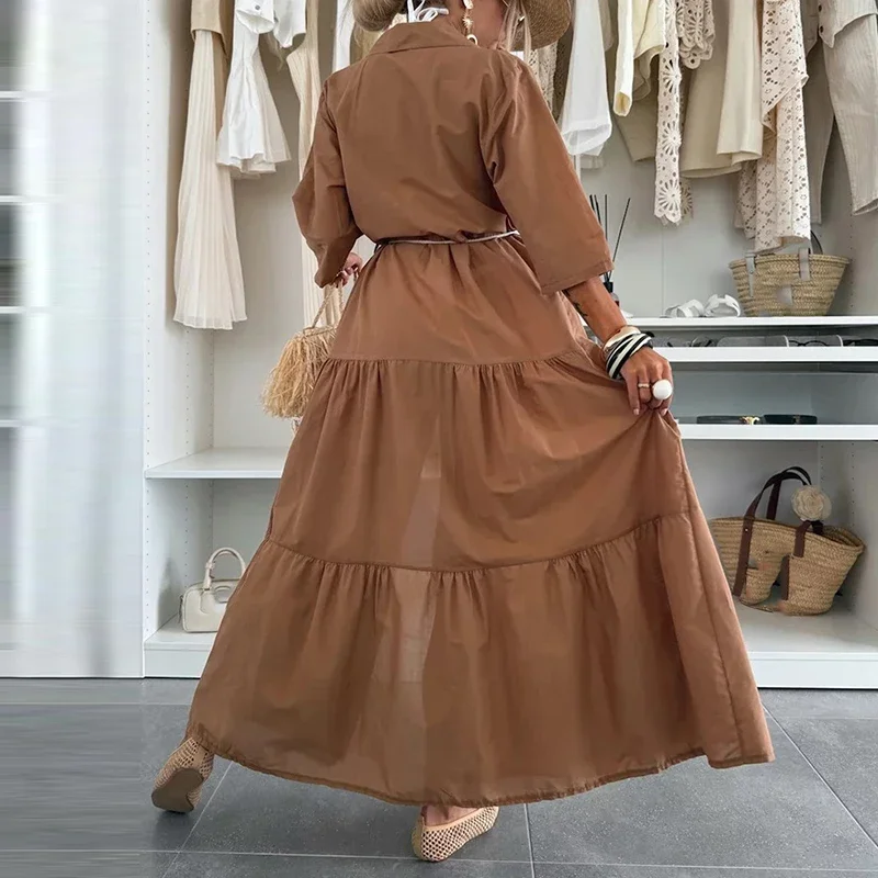 เดรสลำลองสีพื้นเรียบง่ายทันสมัยสำหรับออกงานกลางคืน  ชุดเดรสทรงสวิงผูกเชือก  แขนสั้น  ปกเสื้อเชิ้ต  สำหรับฤดูร้อน