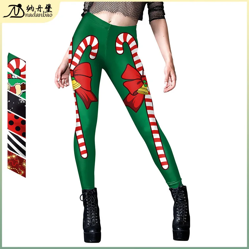 New Women's Yoga Leggings With Christmas Stripes, Umbrella Handle, Digital Printed Pants For Women