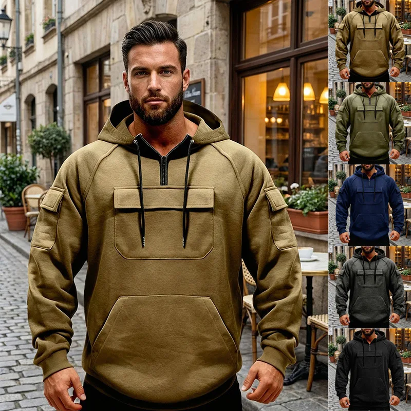 B&C Multi Pocket Half Zip Hoodie with Drawstring and Sleeve Pocket Pullover for Men Outdoor Hiking Daily Wear