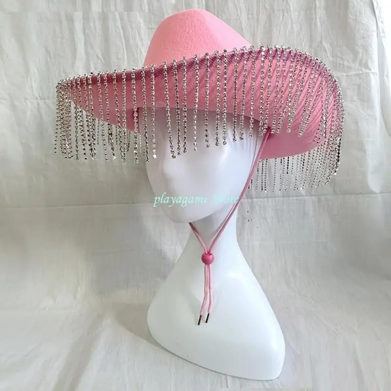 Y88A العروس الغربية لتكون قبعة قبعة رعاة البقر قبعة راعية البقر كريستال لامعة مع حزام #4