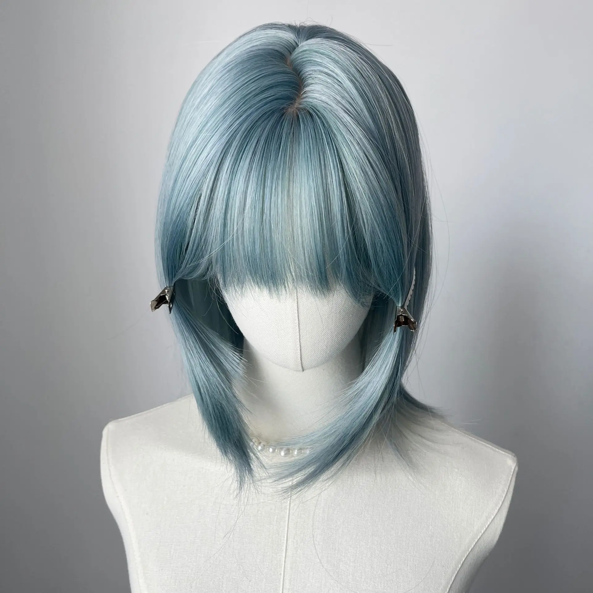 Wig female full head cover ice blue mullet head short hair cos Bobo head full wig cover
